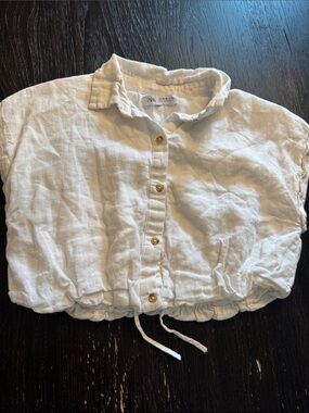 Zara White Button-Front Drawstring Crop Shirt